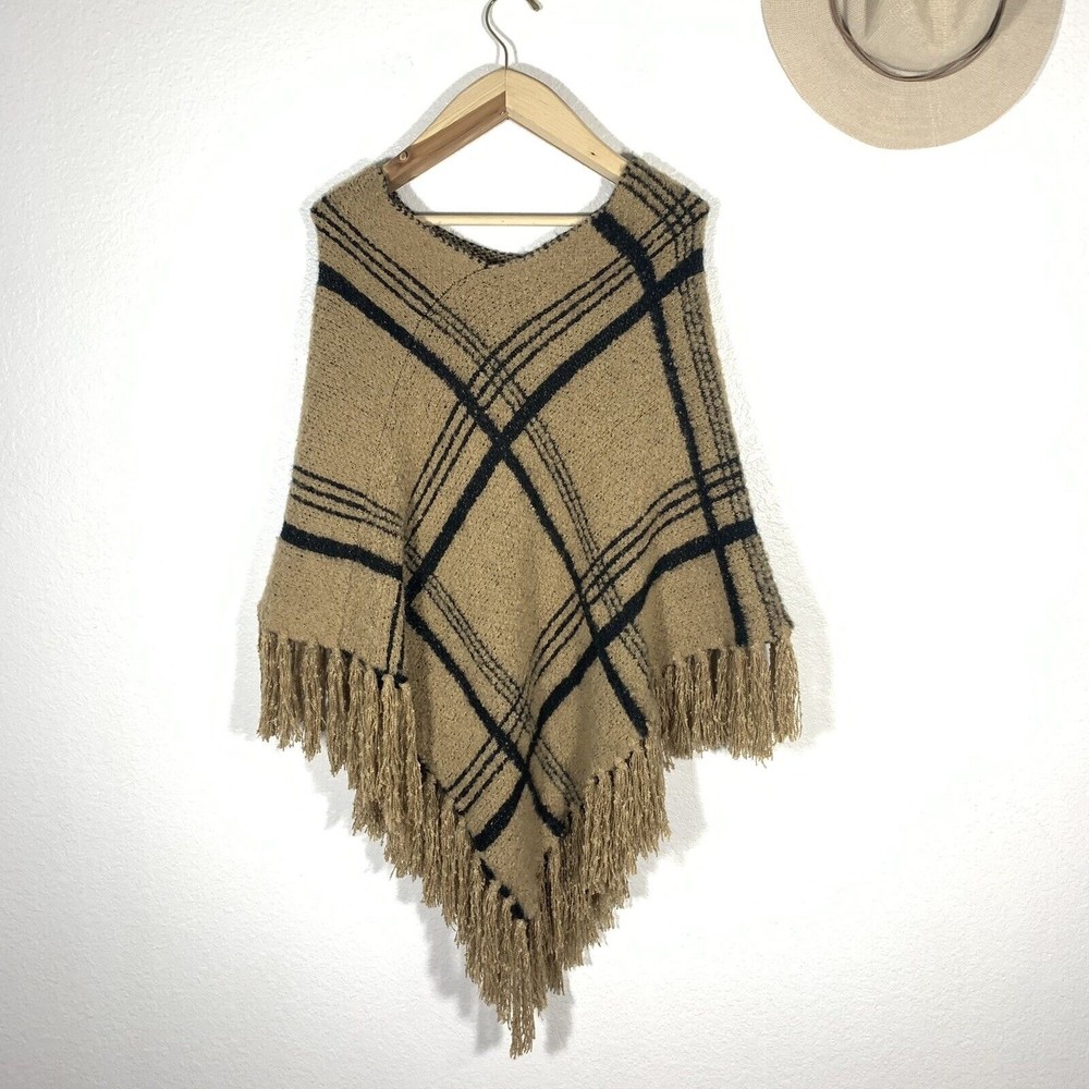 Janice Black Brown Tasseled Fringed Sweater Poncho (one Size Fits All) Women’s
